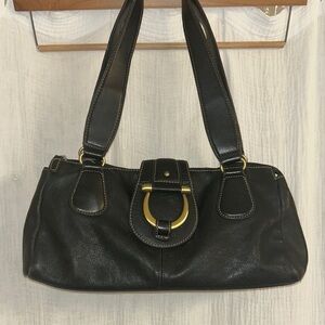 Genuine Leather Shoulder Bag with Gold Accent